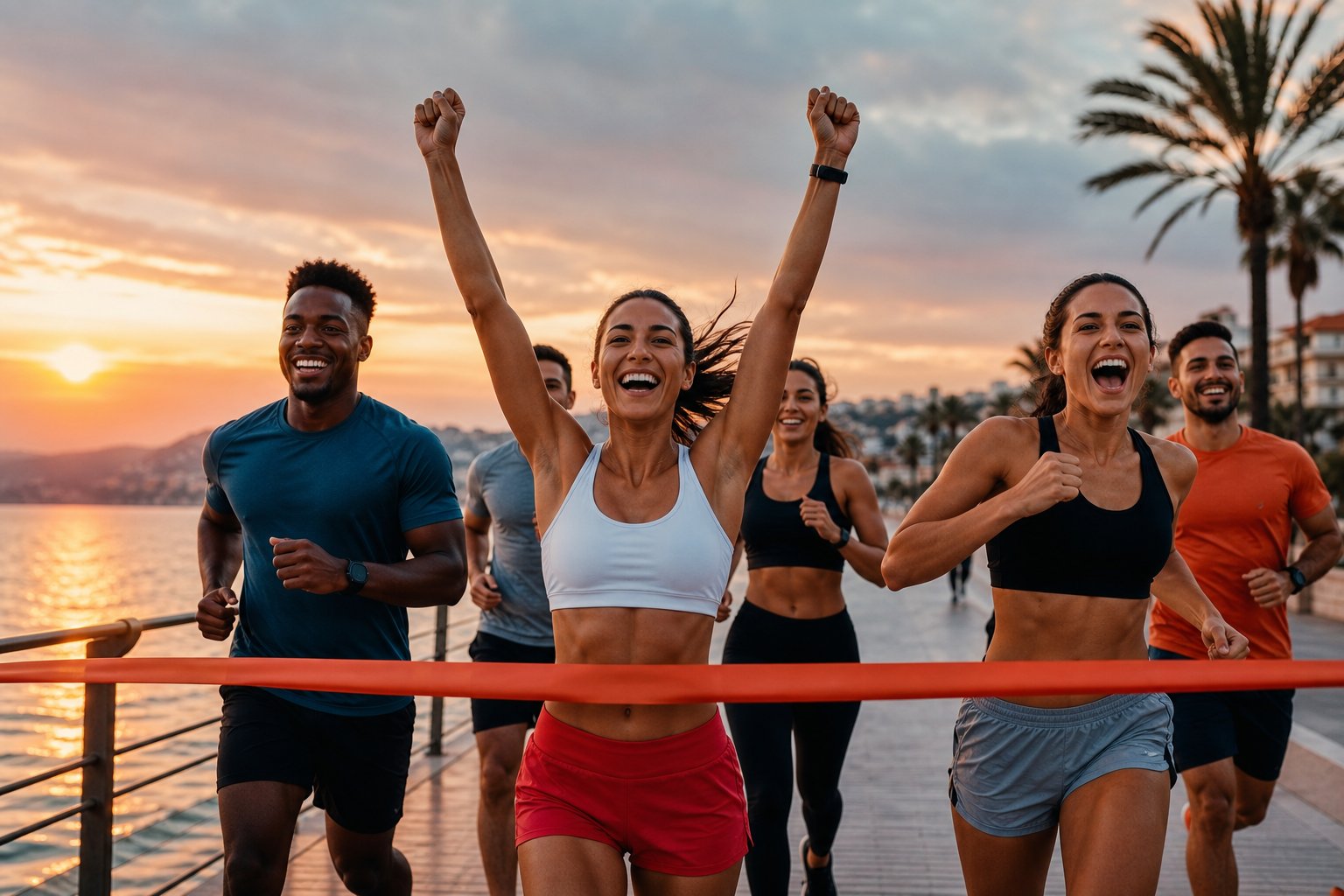 Runners celebrating on beach boardwalk at sunset