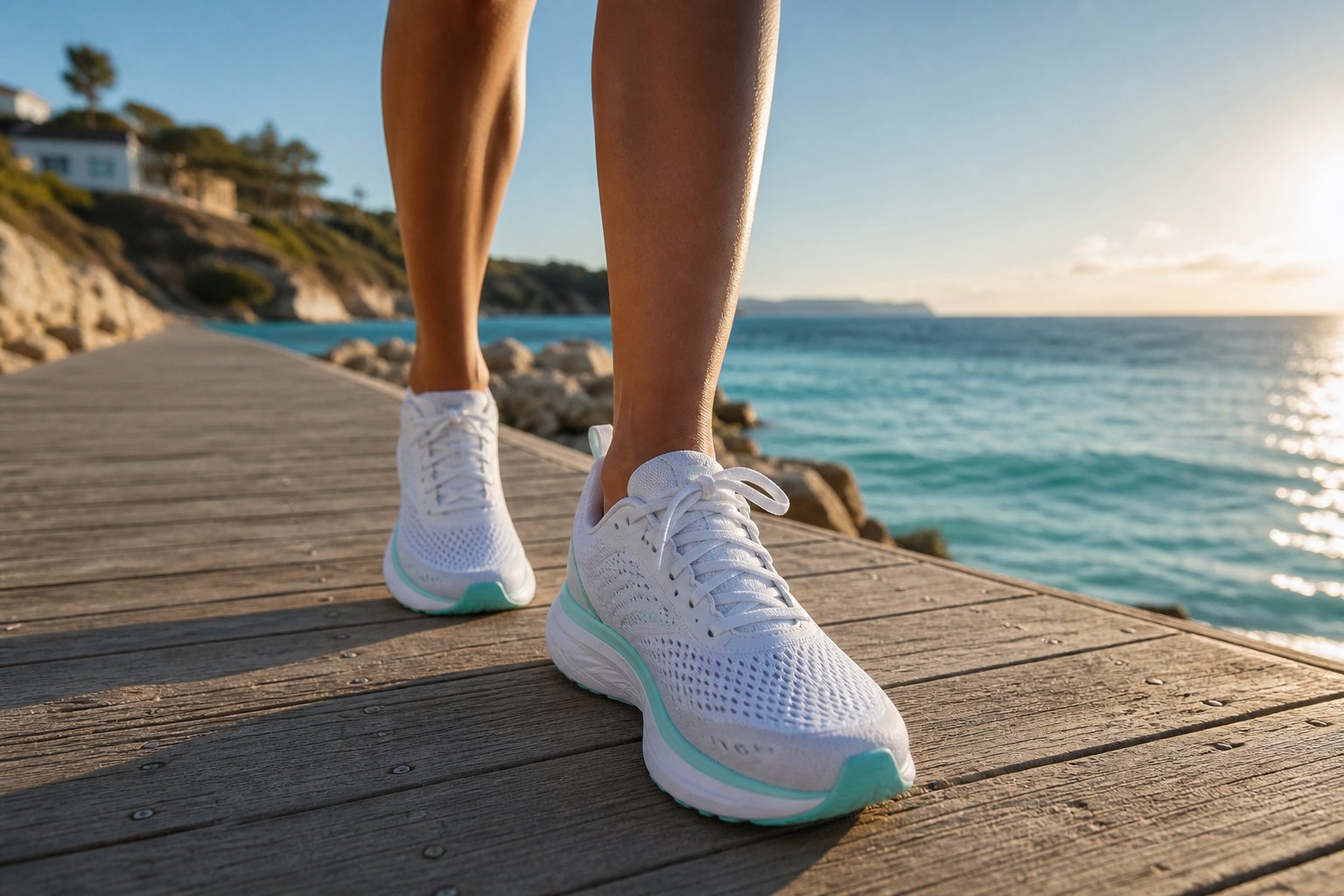 Running shoes on coastal boardwalk