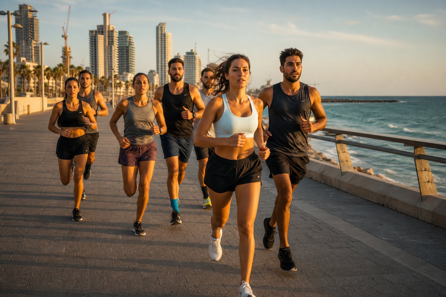 Pack of runners on seaside promenade